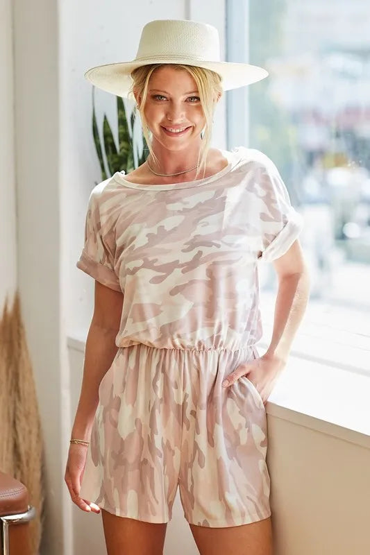 BiBi Camo Print French Terry Romper with Side Pockets - Sydney So Sweet