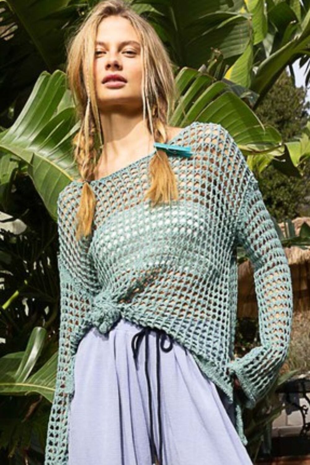 POL Side Slit Openwork Long Sleeve Knit Cover Up - Sydney So Sweet