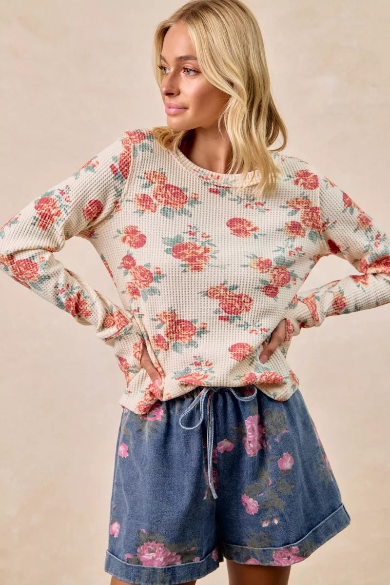 BiBi Floral Print Washed Waffle Thermal Top With Thumb - Sydney So Sweet