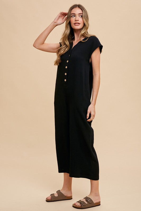 Annie Wear Button Detail Wide Leg Jumpsuit with Pockets - Sydney So Sweet