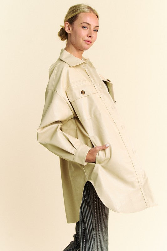 Davi & Dani Faux Leather Button Up Jacket with Chest Pockets - Sydney So Sweet