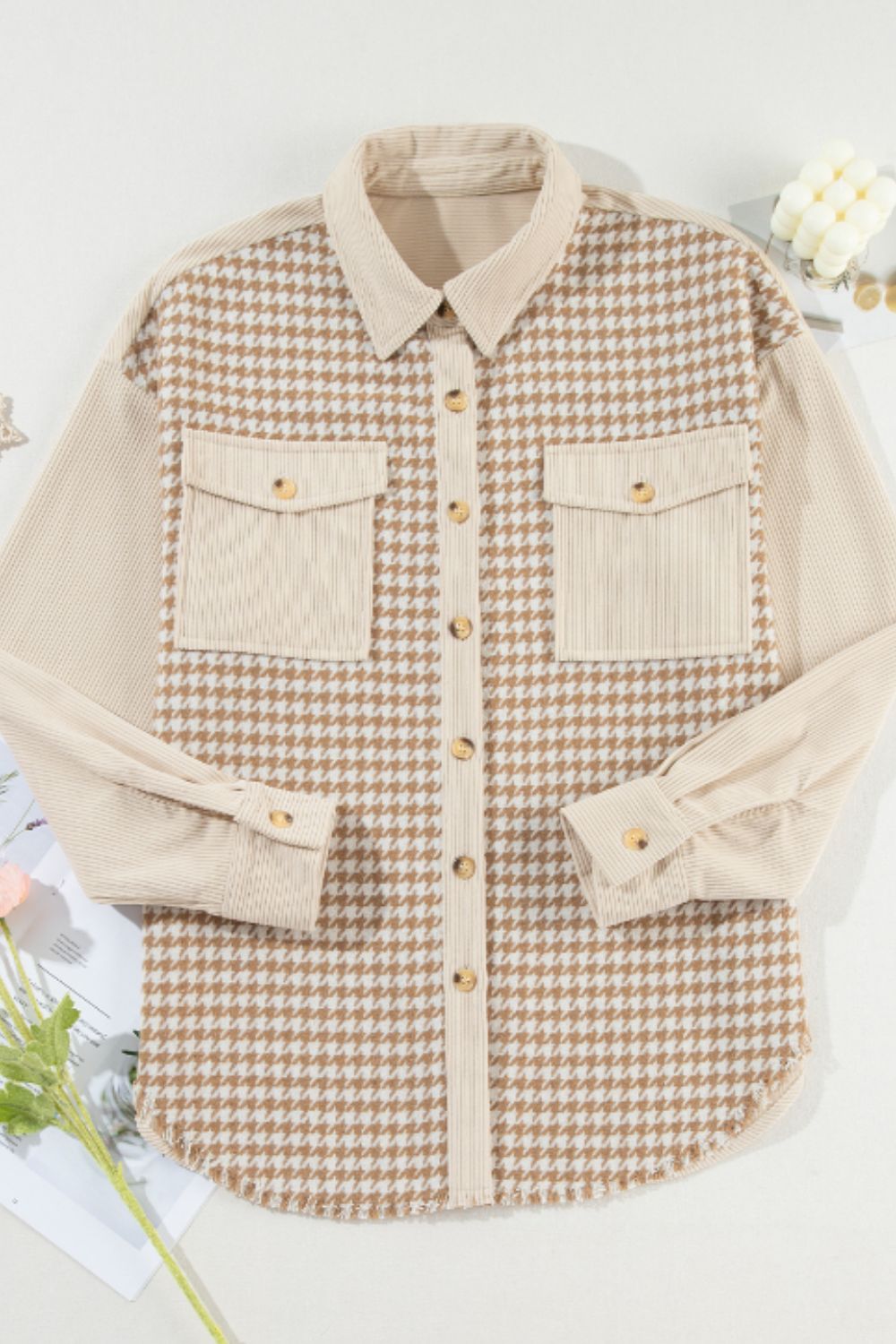 Houndstooth Button Up Long Sleeve Jacket - Sydney So Sweet