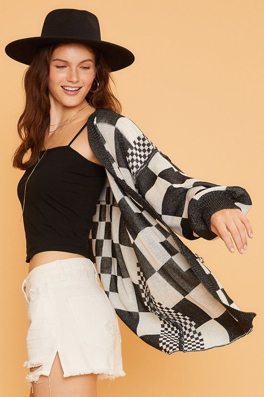 Annie Wear Checkered Open Front Drop Shoulder Cardigan - Sydney So Sweet