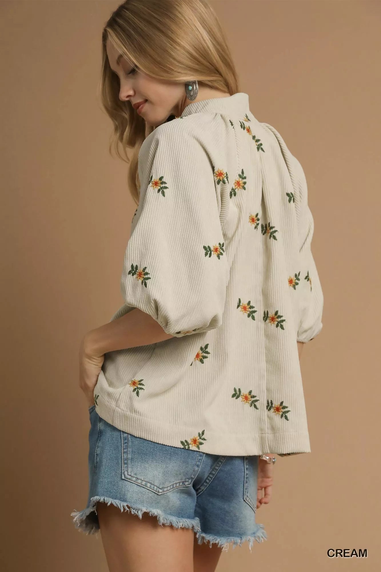 Umgee Corduroy Floral Embroidered Puff Sleeve Blouse - Sydney So Sweet