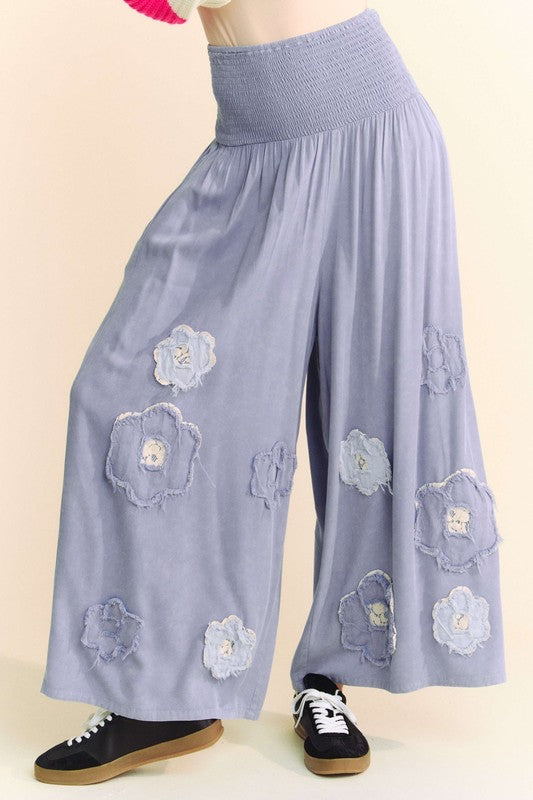 Davi &amp; Dani Smocked Waist Flower Patch Wide Leg Pants - Sydney So Sweet