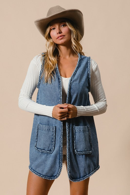 BiBi Braided Trim Open Front Denim Vest with Pockets - Sydney So Sweet