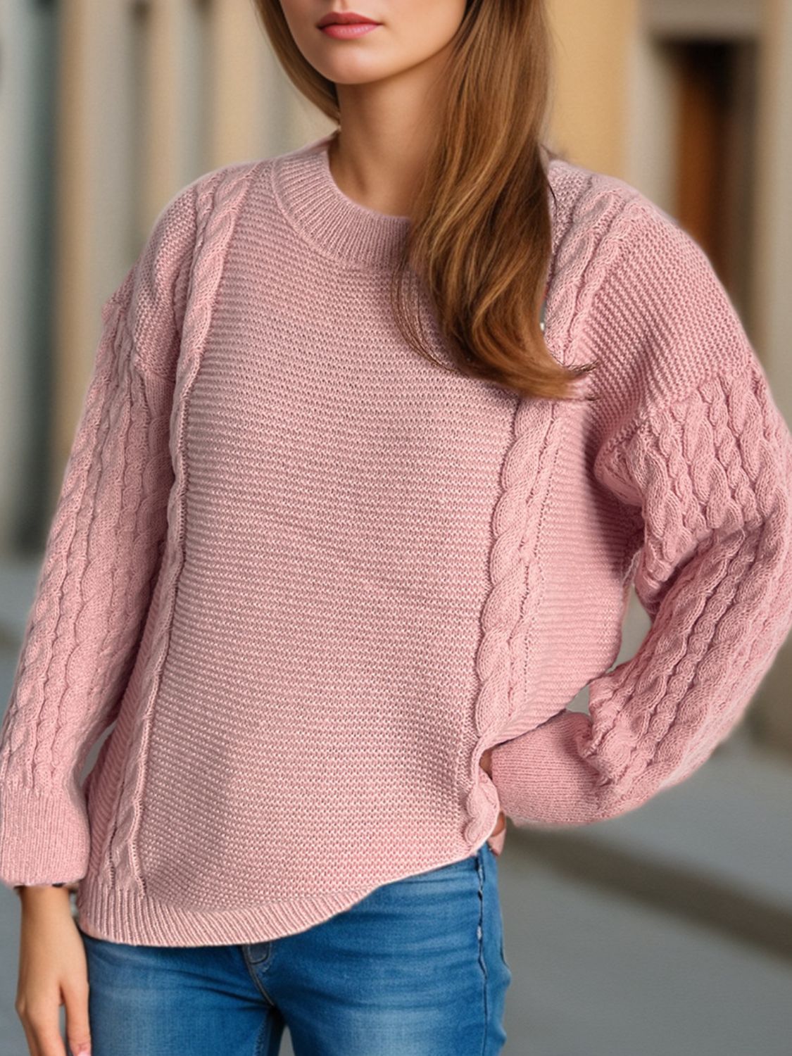 Cable-Knit Round Neck Long Sleeve Sweater - Sydney So Sweet