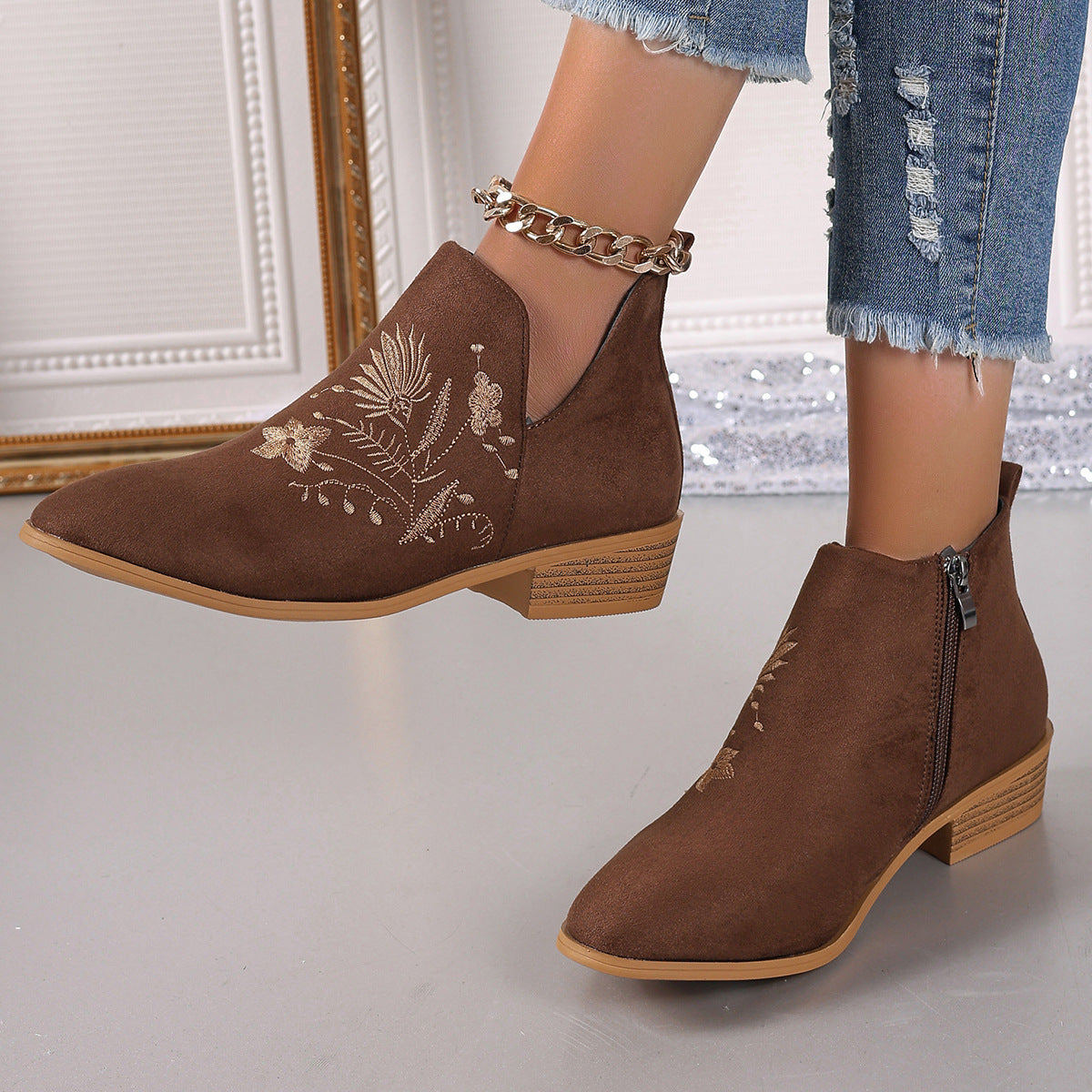 Embroidered Suede Point Toe Block Heel Boots - Sydney So Sweet