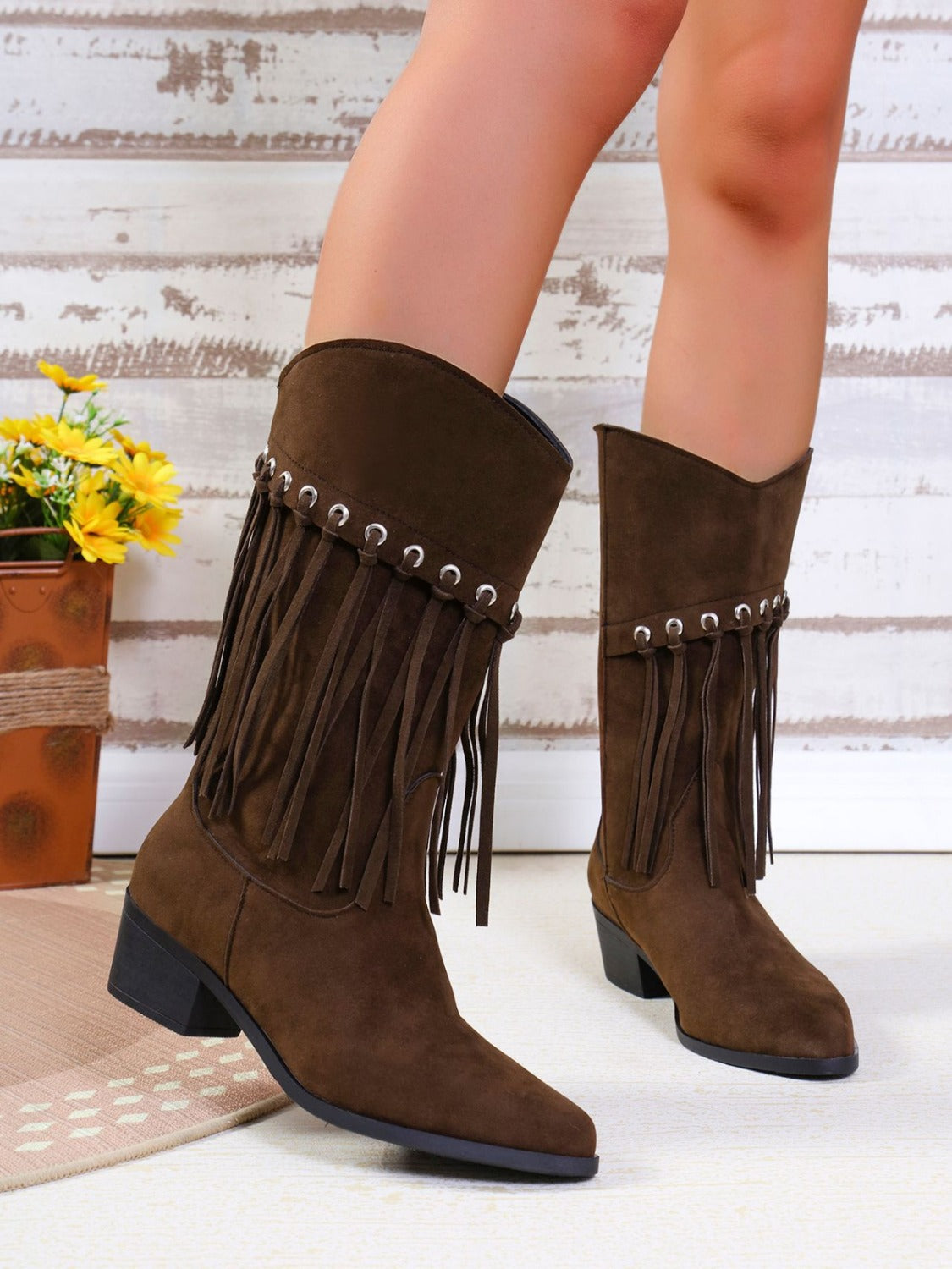 Fringe Suede Point Toe Block Heel Boots - Sydney So Sweet