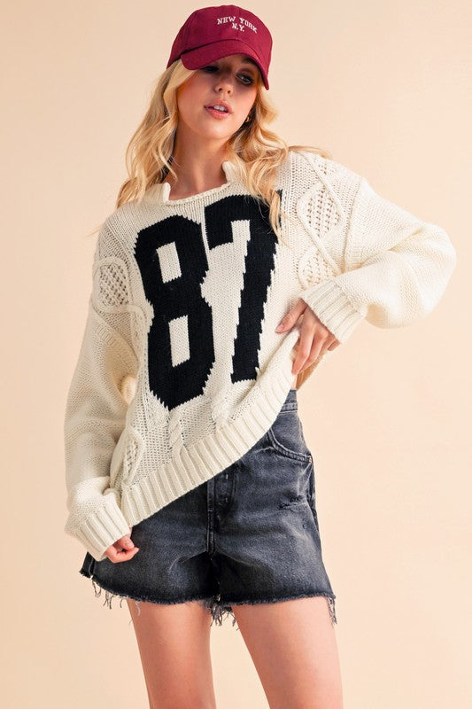 Aemi+Co Contrast 87 Number Cable Knit Drop Shoulder Sweater - Sydney So Sweet