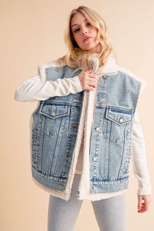 Aemi + Co Fake Two Pieces Denim Patch Sherpa Vest Coat - Sydney So Sweet