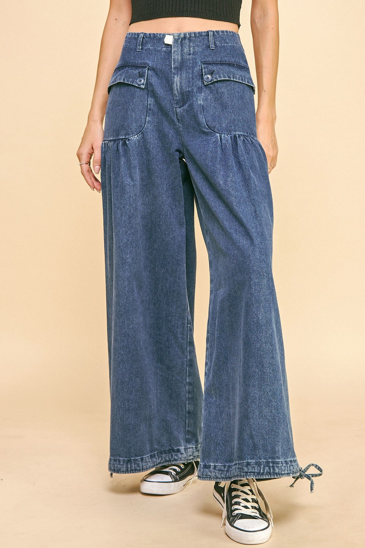 Davi &amp; Dani Drawstring Hem Wide Leg Mid Rise Jeans - Sydney So Sweet