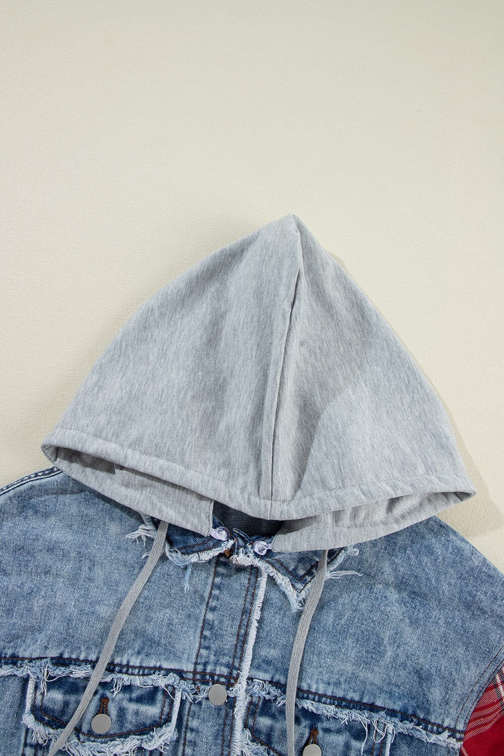 Raw Hem Drawstring Plaid Denim Jacket - Sydney So Sweet