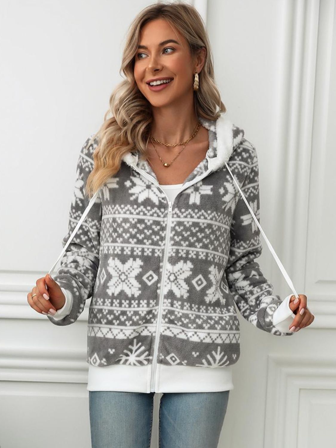 Drawstring Snowflake Zip Up Hooded Jacket - Sydney So Sweet