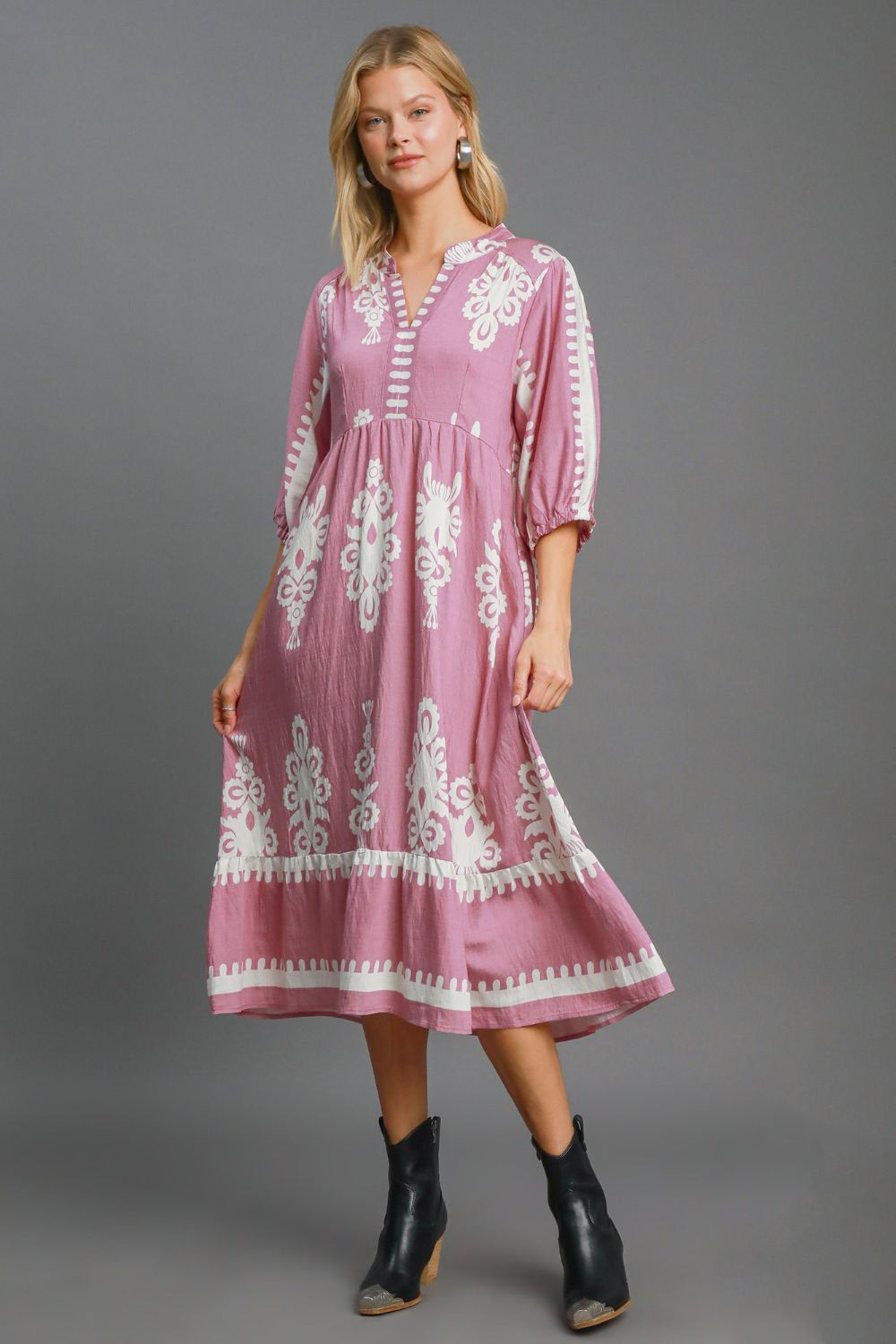 Umgee Printed Notched Midi Dress - Sydney So Sweet