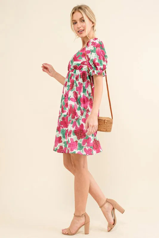 And The Why Smocked Floral Ruffle Short Sleeve Mini Dress - Sydney So Sweet