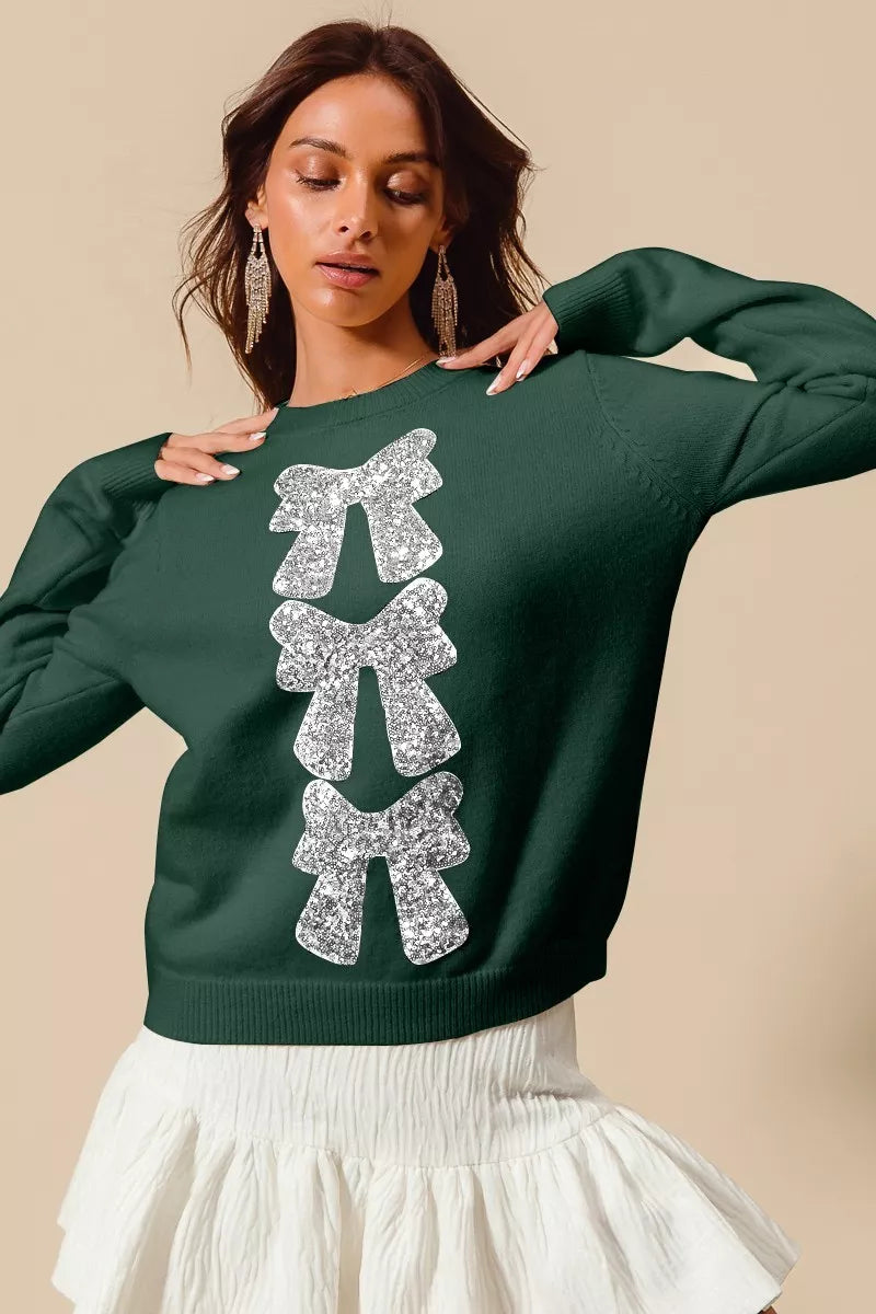 SO ME Sequins Bow Ribbon Embellished Christmas Sweater - Sydney So Sweet