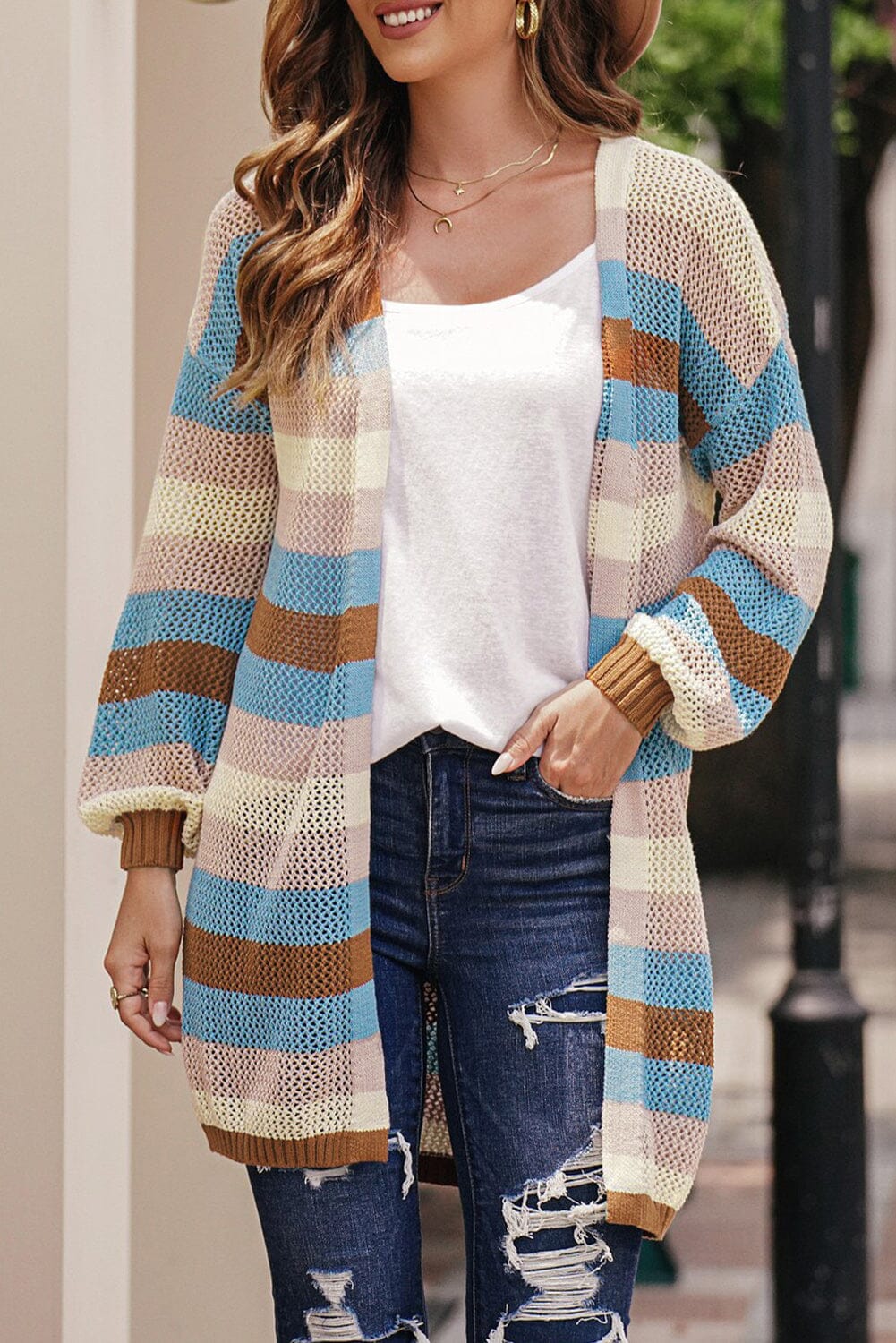 Full Size Striped Long Sleeve Openwork Cardigan - Sydney So Sweet