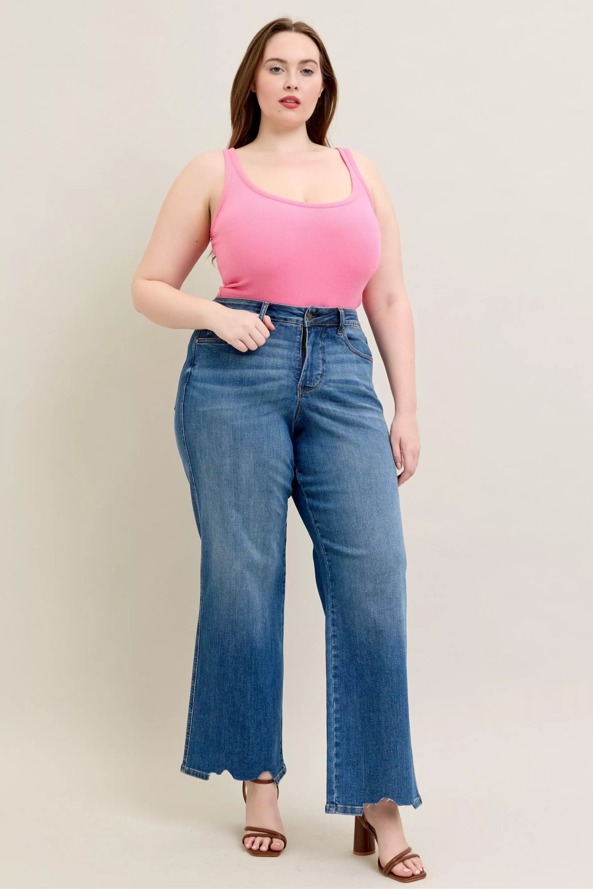 Judy Blue Full Size High Waist Tummy Control Chew Hem Destroy Wide Jeans Plus Size - Sydney So Sweet