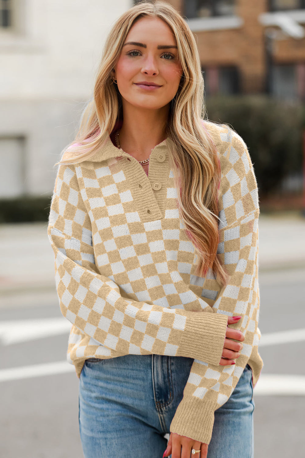 Checkered Collared Neck Long Sleeve Sweater - Sydney So Sweet