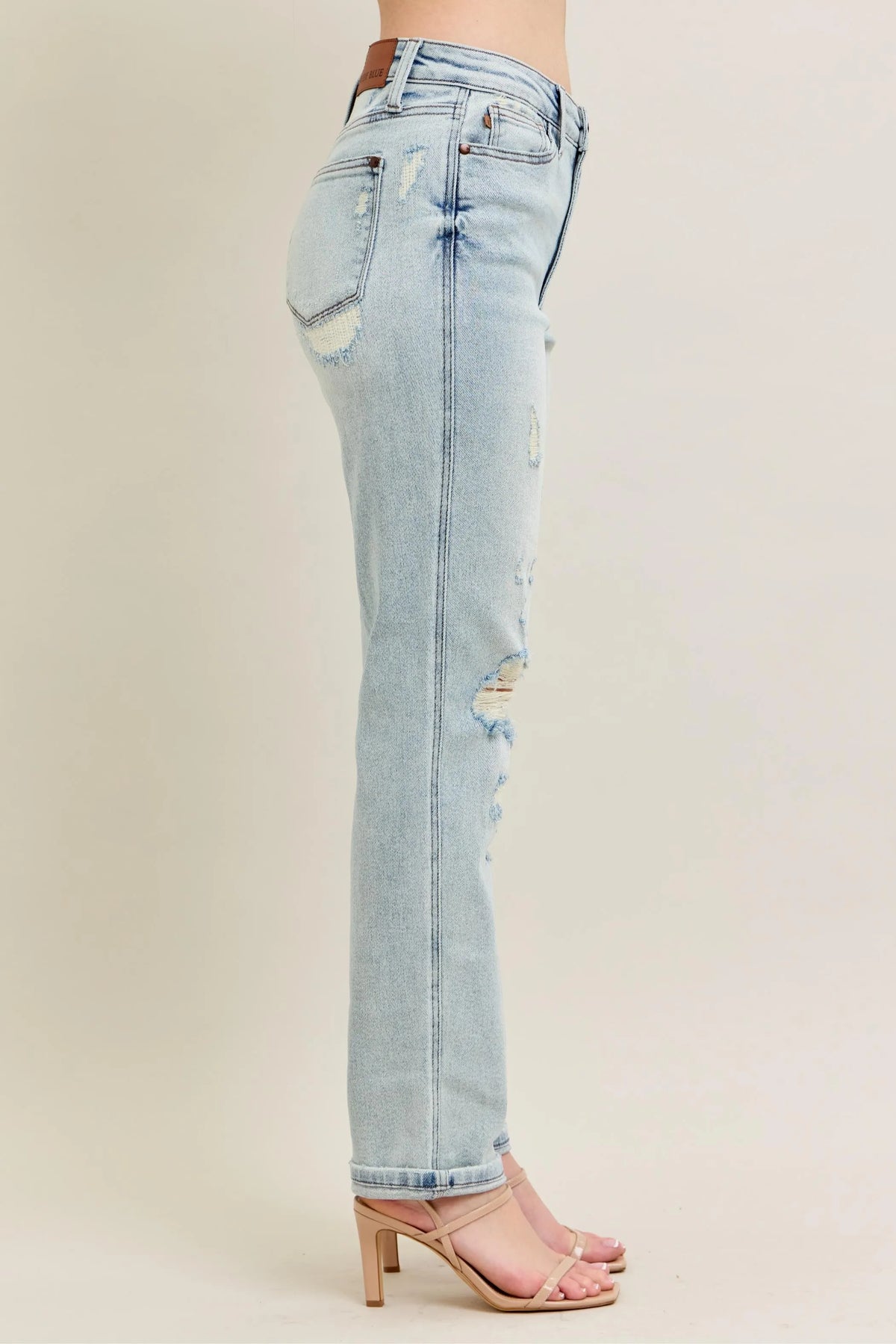 Judy Blue Full Size Mr Repair Stitch Detail Destroy Single Cuff Bf Jeans Plus Size - Sydney So Sweet