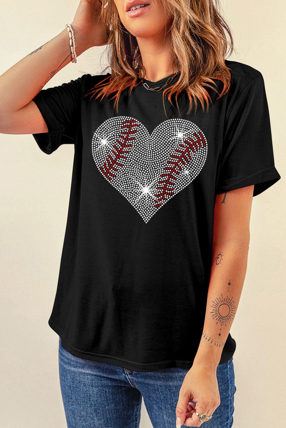 Rhinestone Heart Round Neck Short Sleeve T-Shirt - Sydney So Sweet