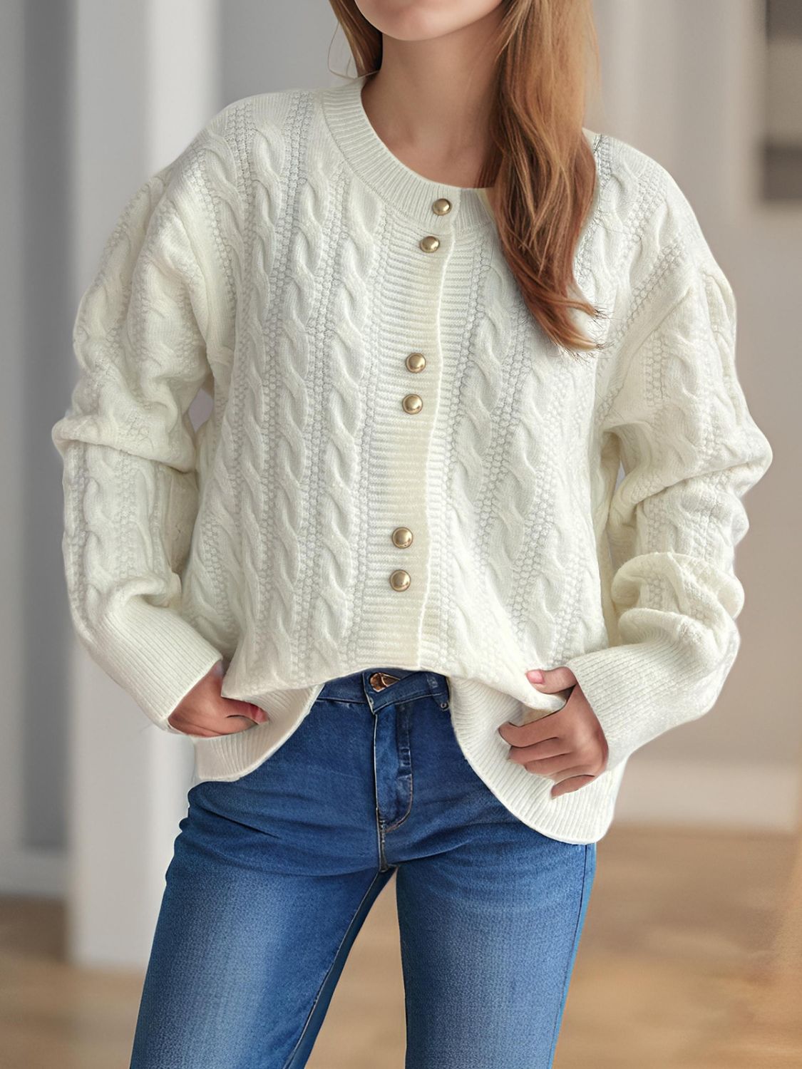 Cable-Knit Round Neck Long Sleeve Cardigan - Sydney So Sweet