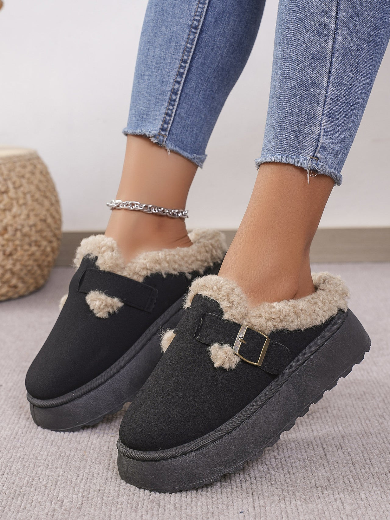 Thermal Fuzzy Buckle Platform Slippers - Sydney So Sweet