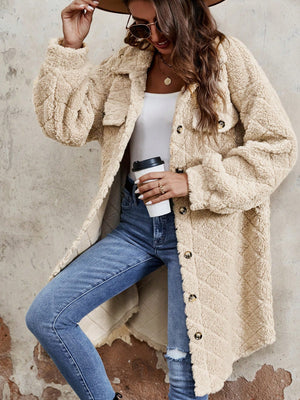 Fuzzy Button Up Dropped Shoulder Long Sleeve Coat - Sydney So Sweet