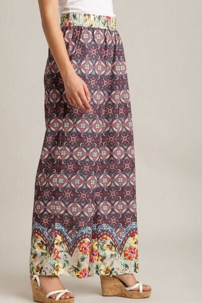 Umgee Full Size Mixed Print Elastic Waistband Pants Plus Size - Sydney So Sweet