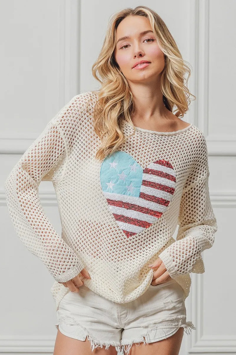 BiBi Sequin American Flag Heart Knit Up - Sydney So Sweet