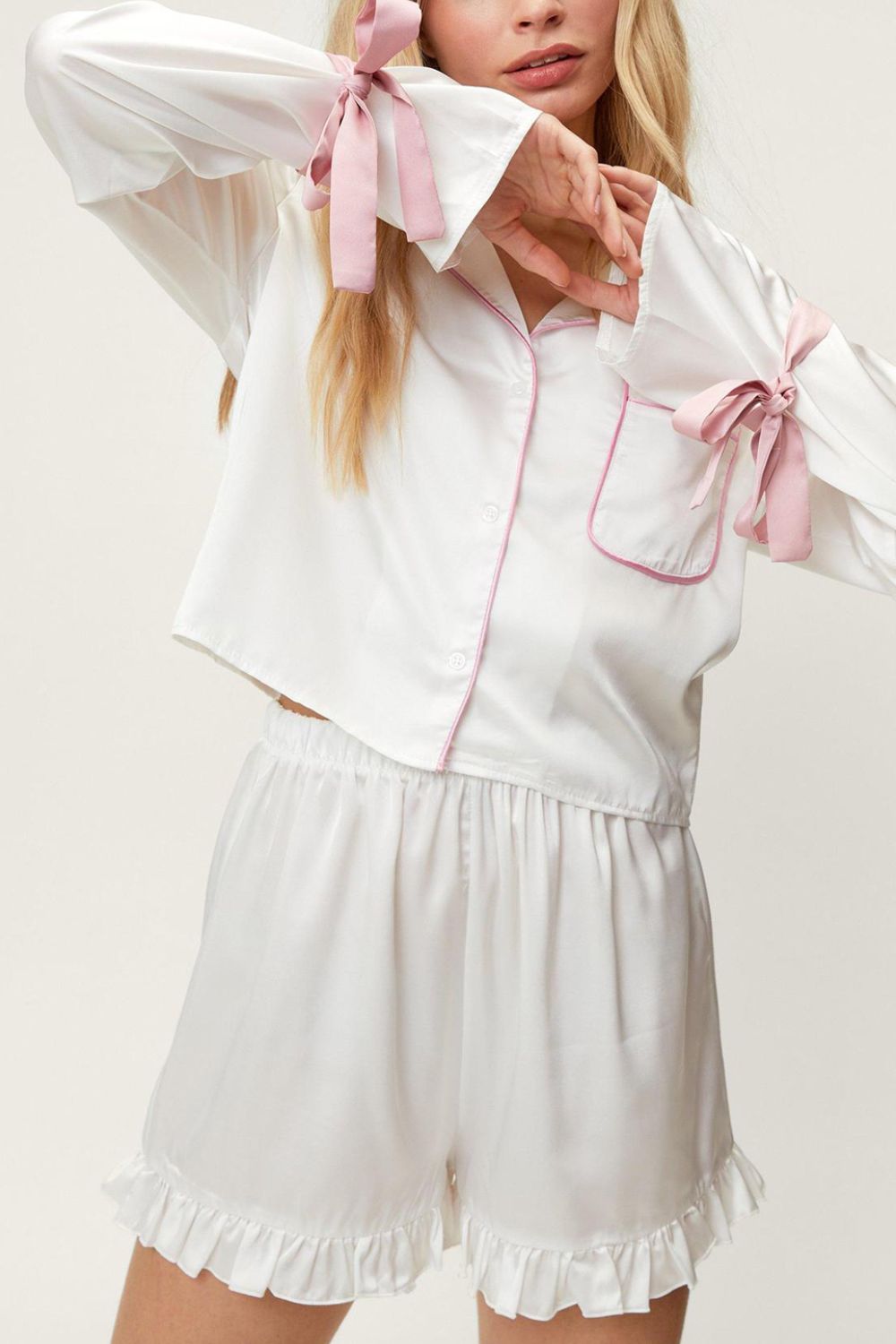 Basic Bae Tied Cuff Collared Neck Top and Frill Shorts Lounge Set - Sydney So Sweet