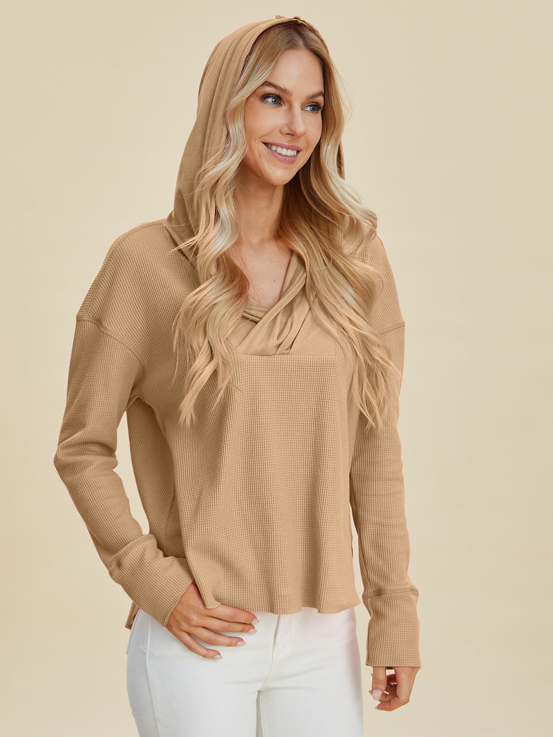 Double Take Full Size High-Low Dropped Shoulder Long Sleeve Hoodie - Sydney So Sweet