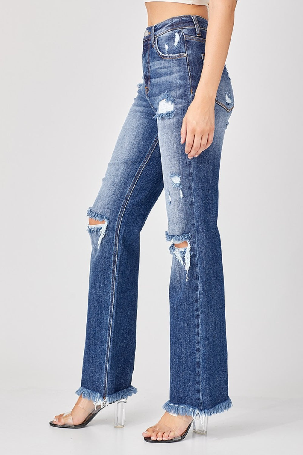 Risen Full Size Raw Hem Distressed Straight Jeans - Sydney So Sweet