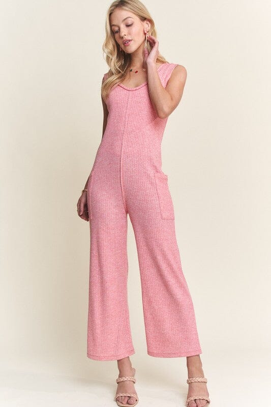 ADORA Ribbed V-Neck Wide Leg Jumpsuit with Pockets - Sydney So Sweet