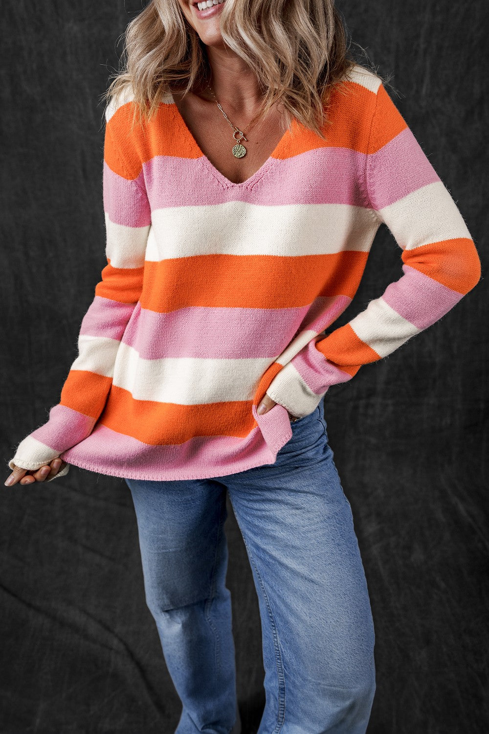 Color Block V-Neck Long Sleeve Sweater - Sydney So Sweet