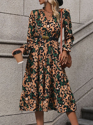 Leopard Notched Flounce Sleeve Midi Dress - Sydney So Sweet