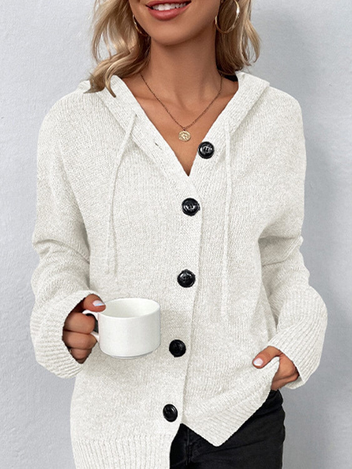 Drawstring Button Up Hooded Cardigan - Sydney So Sweet