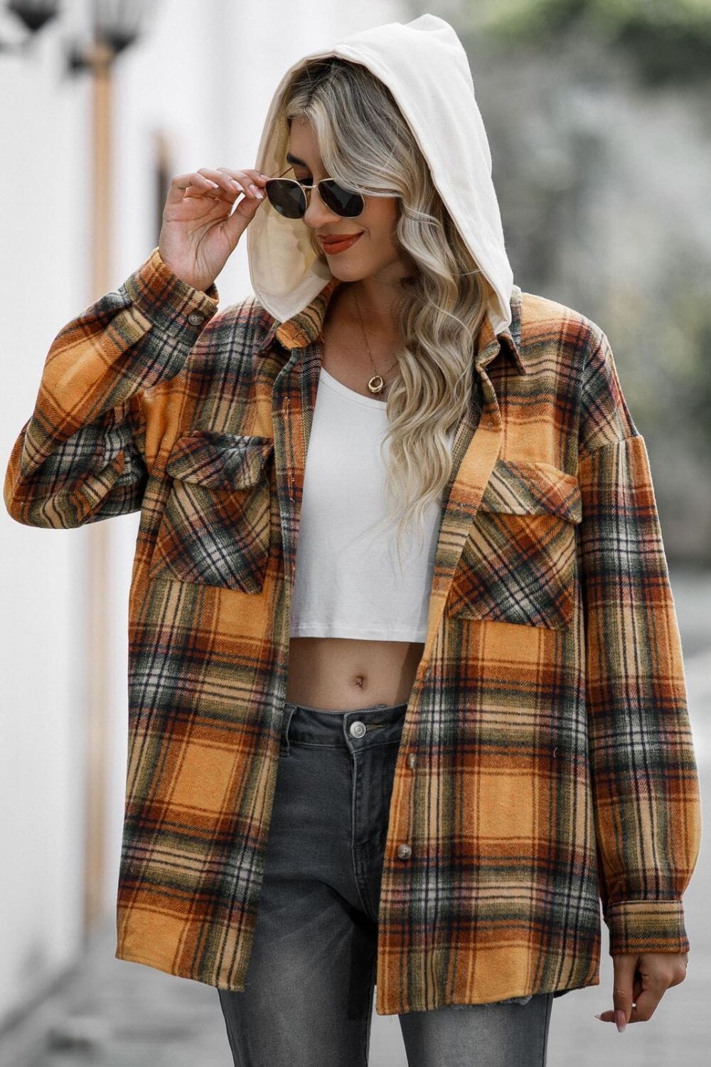 Drawstring Plaid Long Sleeve Hooded Shacket - Sydney So Sweet