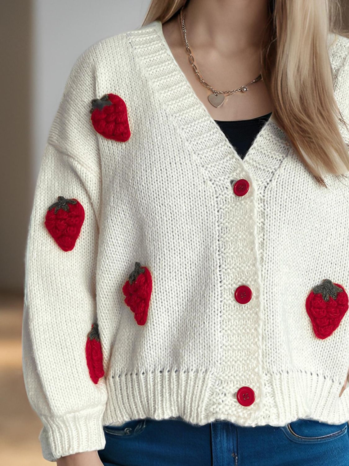 Crochet Strawberry V-Neck Long Sleeve Cardigan - Sydney So Sweet