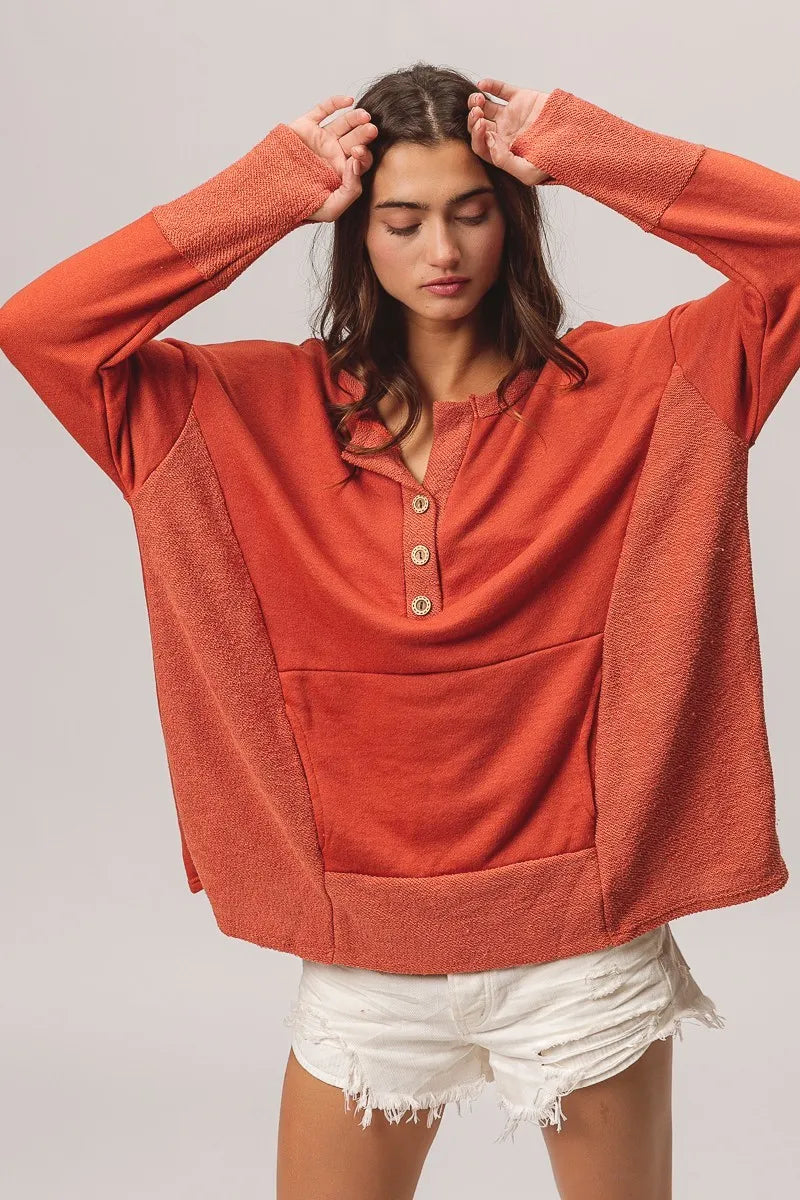 BiBi French Terry Knit Side Block Buttoned Henley Top - Sydney So Sweet