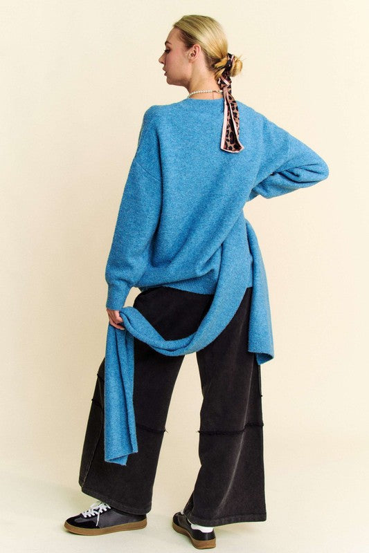 Davi & Dani V-Neck Dropped Shoulder Sweater with Scarf - Sydney So Sweet