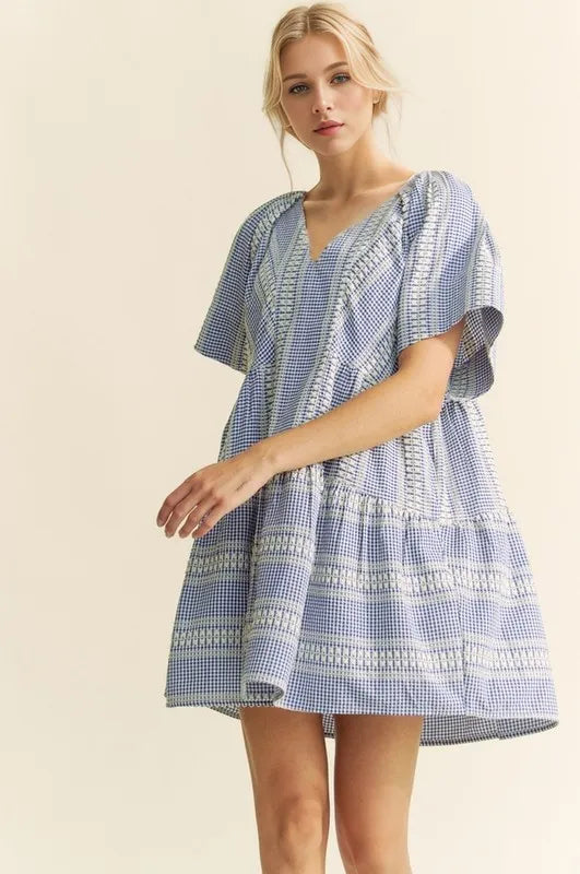 Davi & Dani Embroidered Stripe Ruffled Gingham Mini Dress - Sydney So Sweet