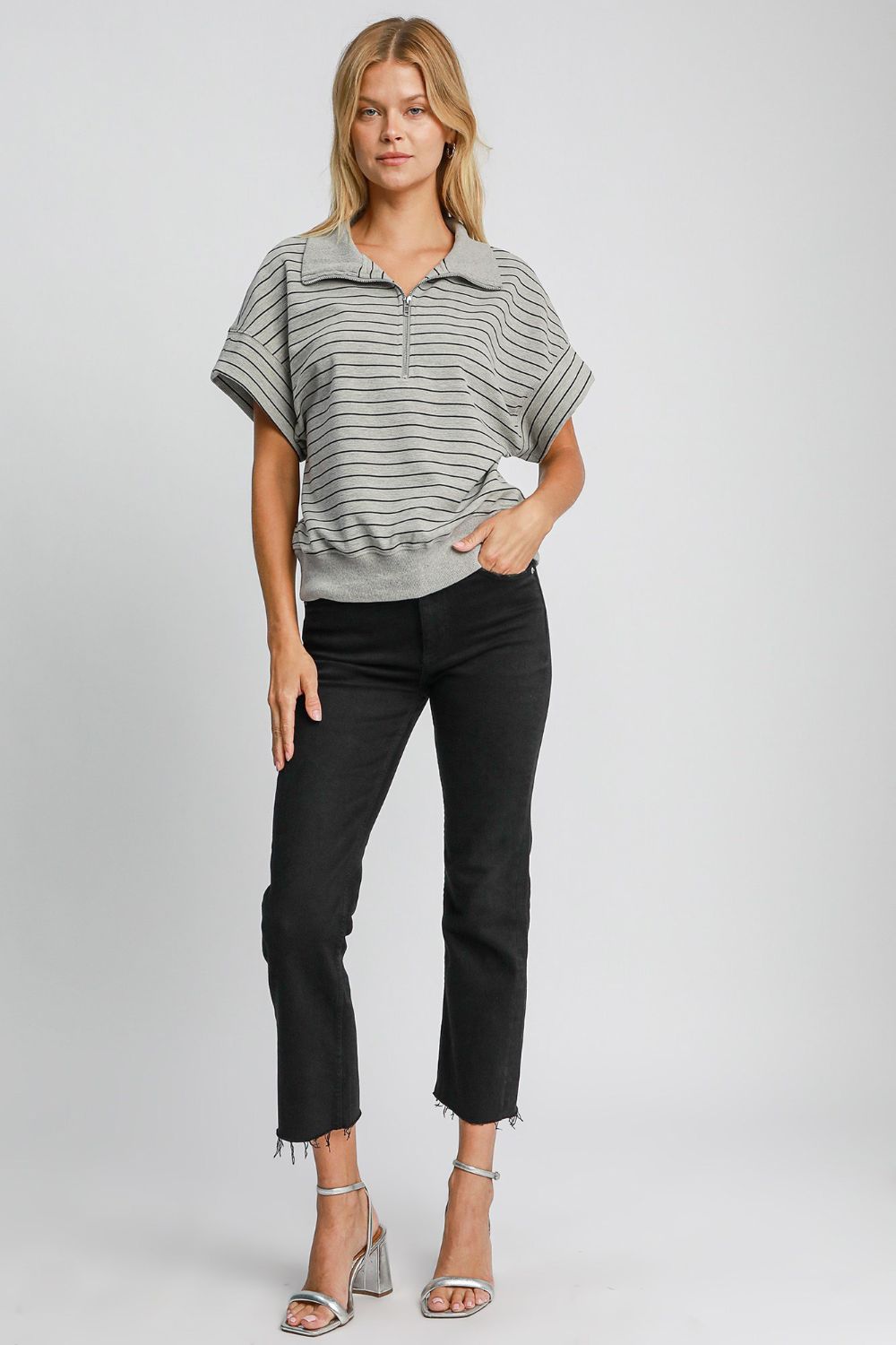 Umgee Striped Half Zip Short Sleeve Sweatshirt - Sydney So Sweet