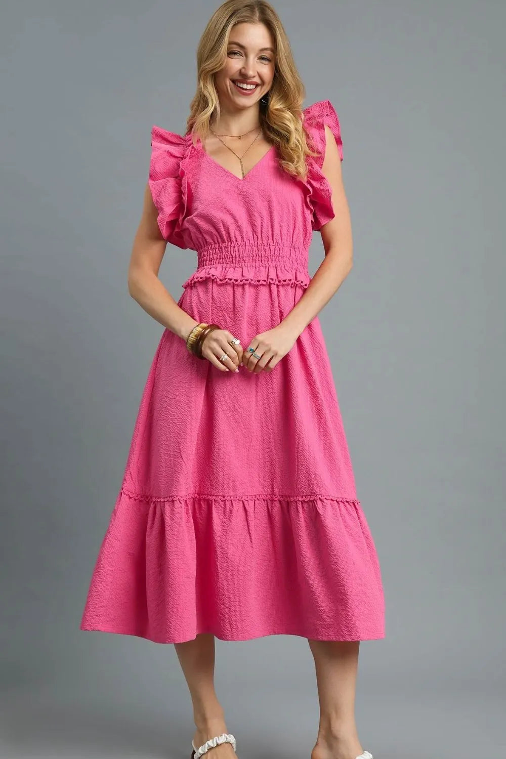 Umgee V-Neck Ruffled Cap Sleeve Midi Dress - Sydney So Sweet