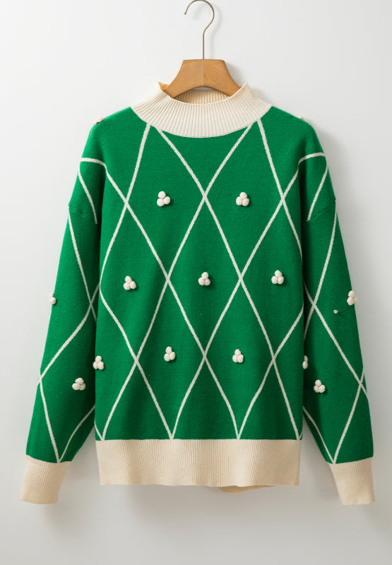 Diamond Pattern Contrast Trim Mock Neck Sweater - Sydney So Sweet