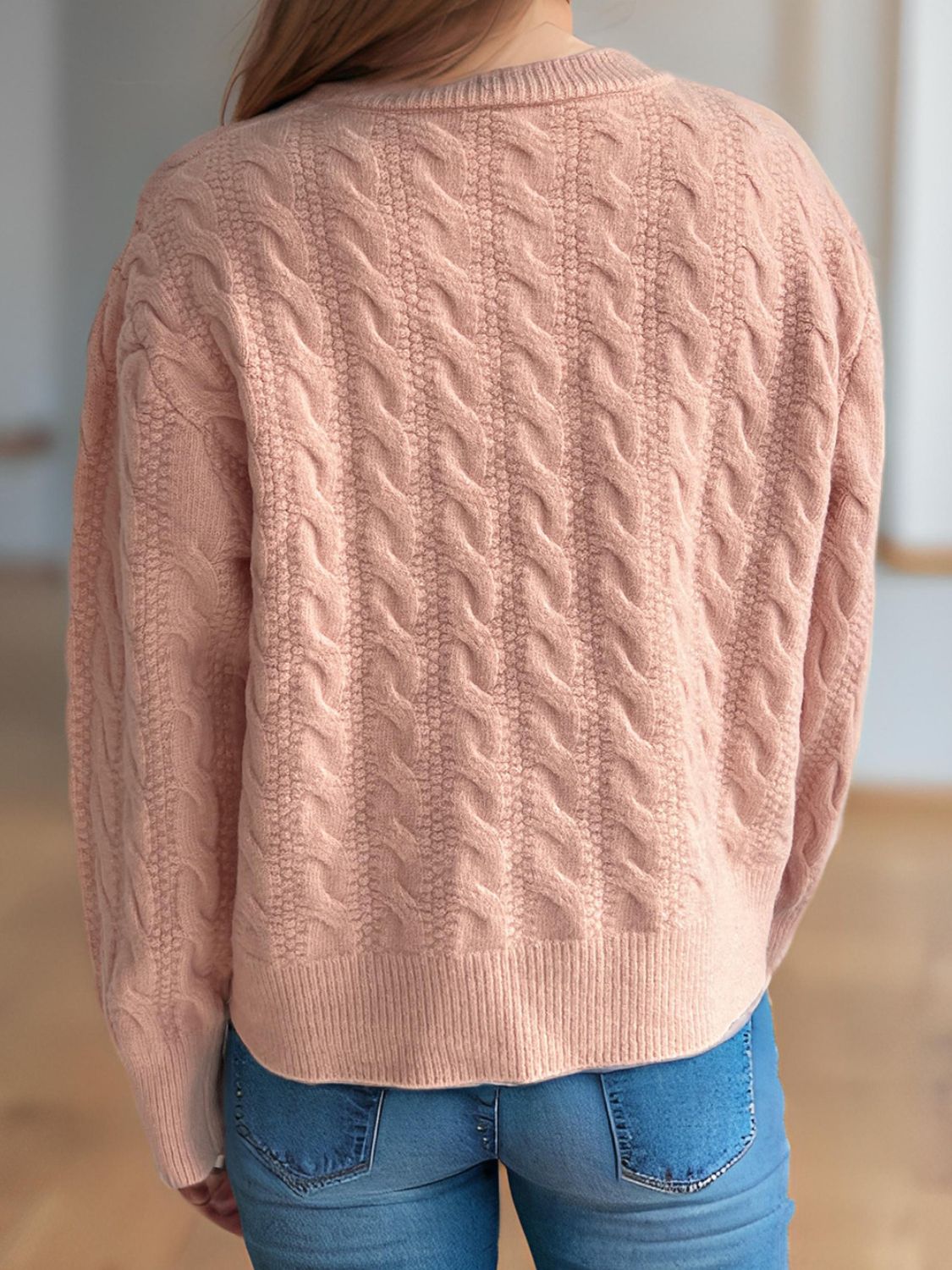 Cable-Knit Round Neck Long Sleeve Cardigan - Sydney So Sweet