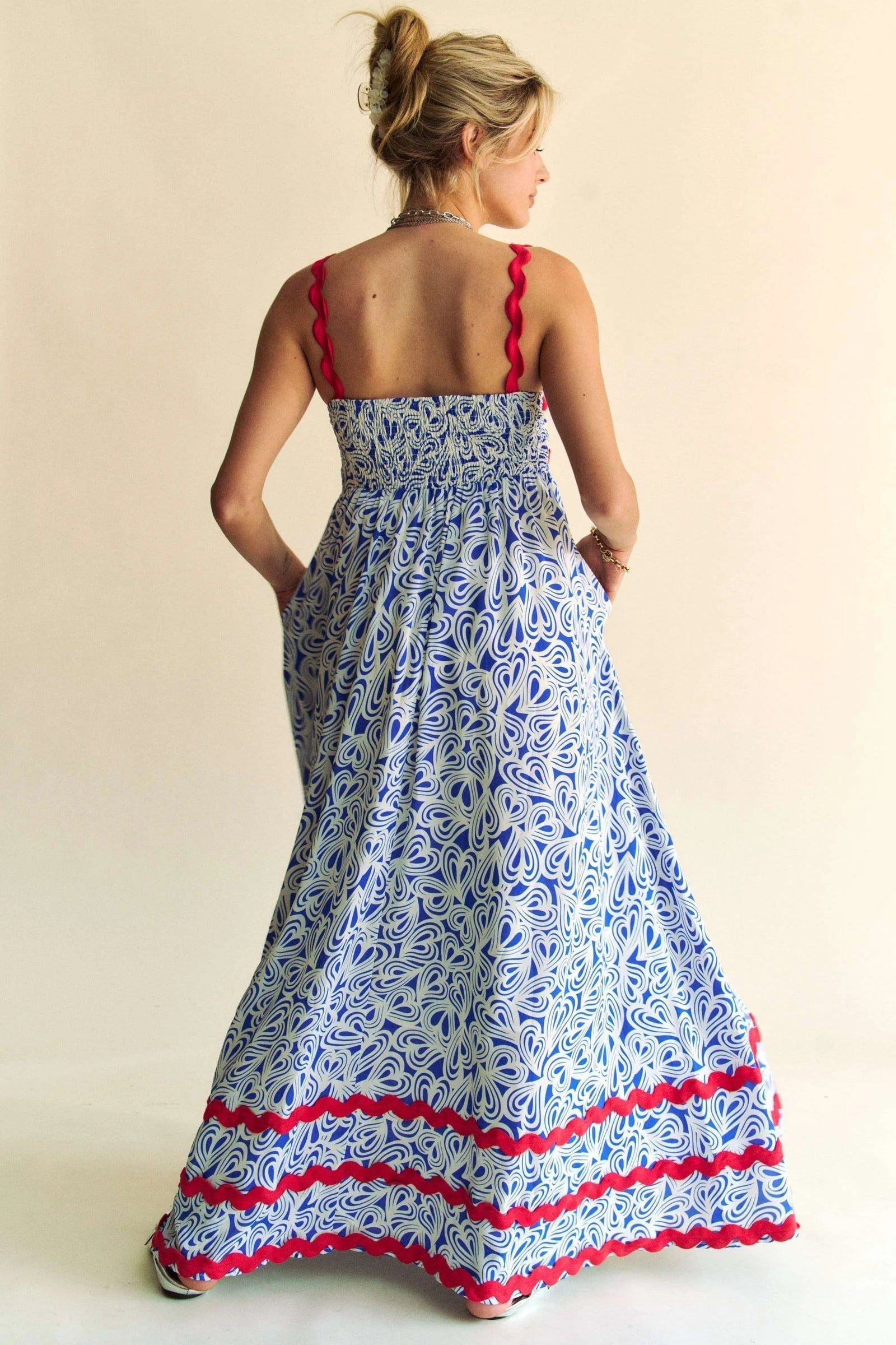 Davi & Dani Geo 2 Tone Printed Wavi Trim Tiered Maxi Dress - Sydney So Sweet