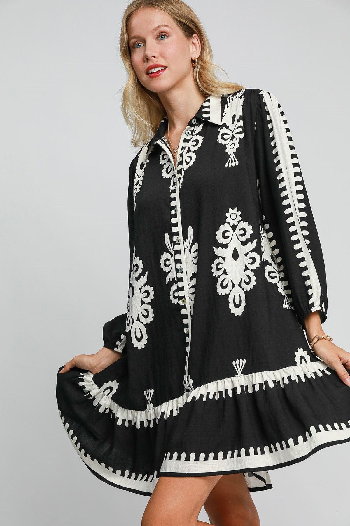 Umgee Border Print Button Down Ruffled Hem Dress - Sydney So Sweet