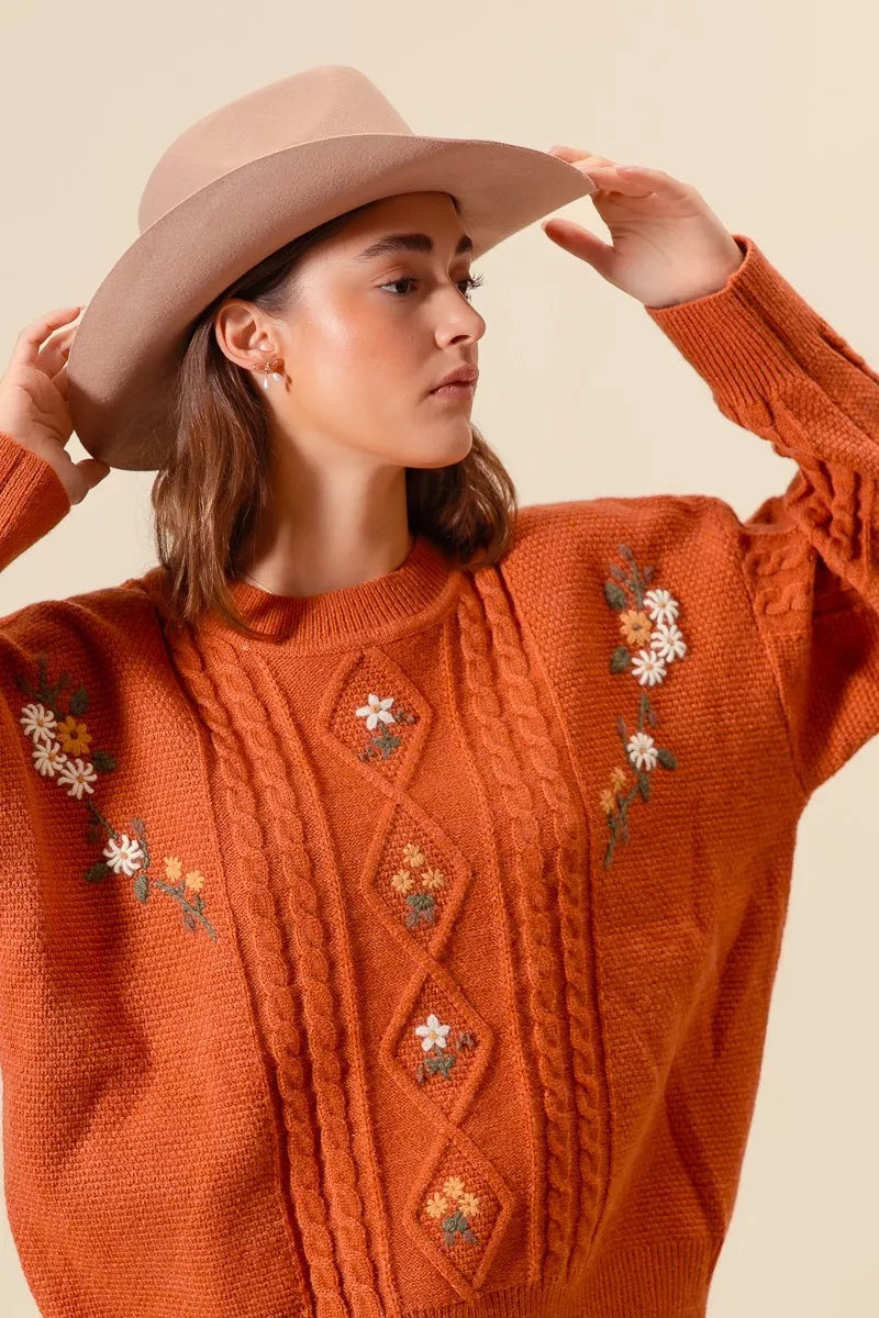 SO ME Embroidered Flower Cable Knitted Sweater - Sydney So Sweet